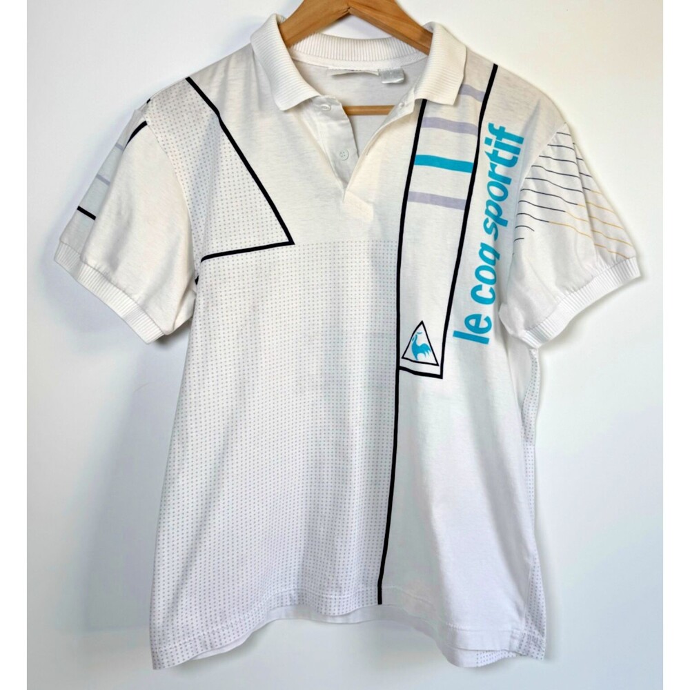 Le Coq Sportif Futuriste Polo Shirt Mens Small White Geometric Made in Japan
